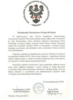 Wrocławskie Towarzystwo Przyjaciól Teatru ma 50 lat